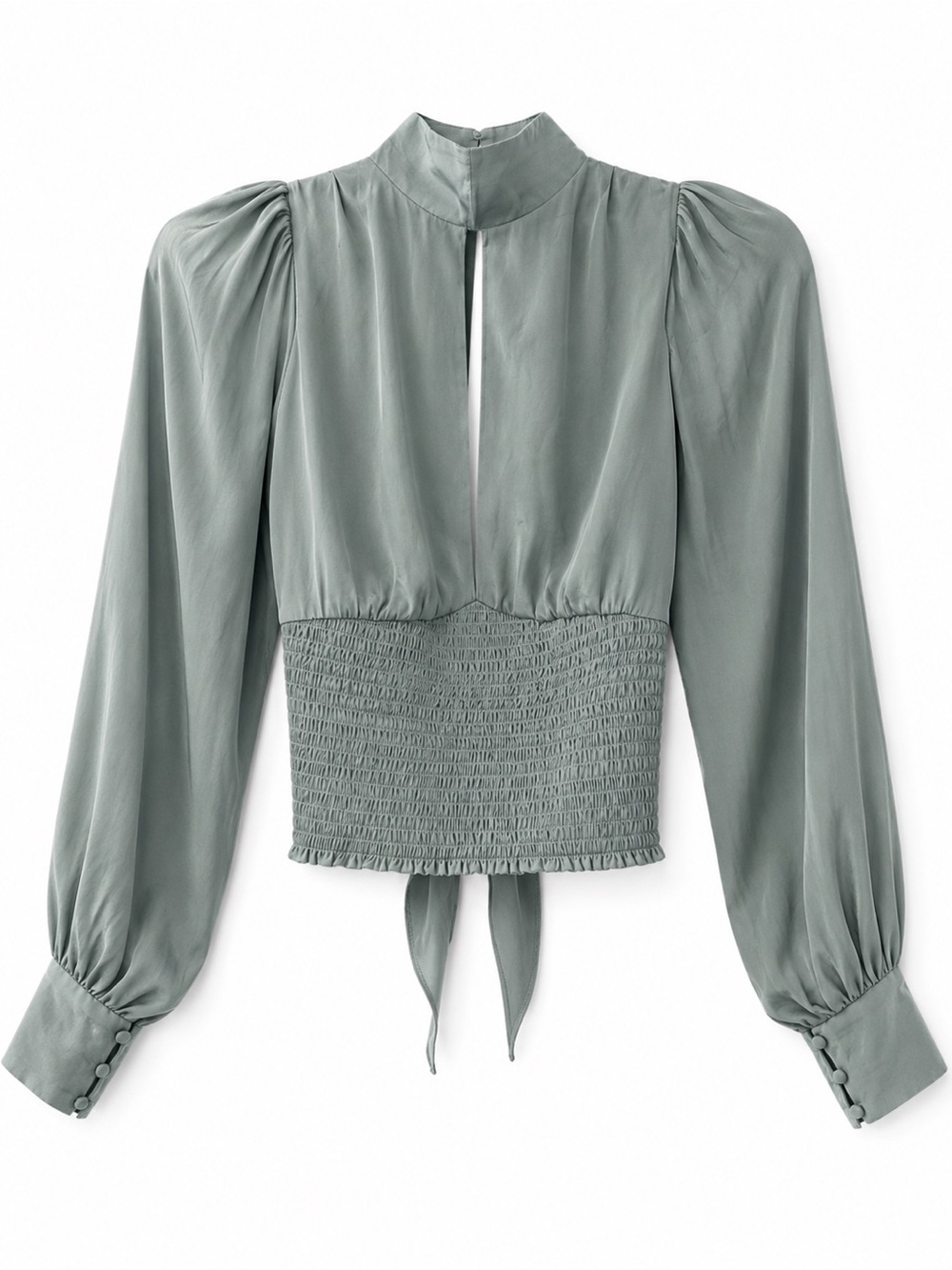Glassons Sage Green Smocked-Peplum Puff Sleeve Blouse